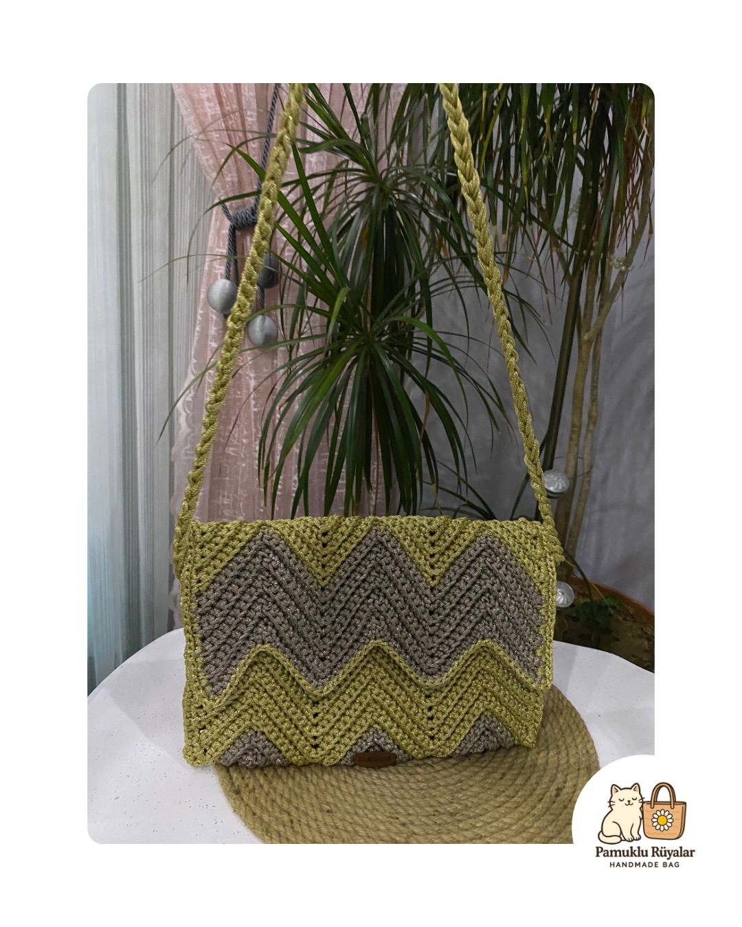 Doğal Renk Zigzag Motifli El Yapımı Omuz Çanta